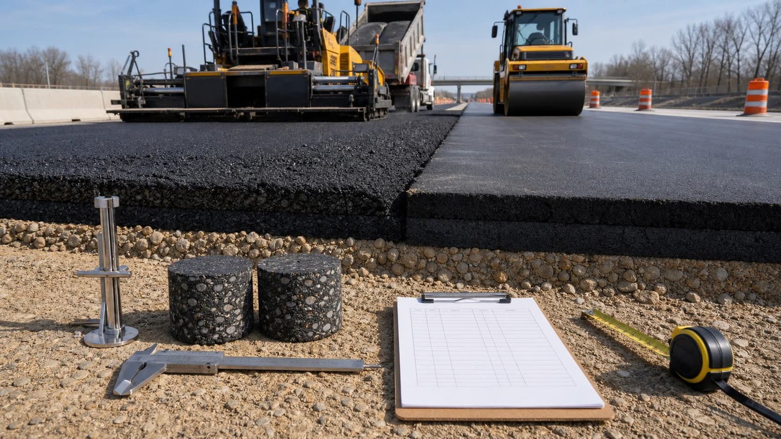 Loose and compacted asphalt lanes with visible pavement lifts, core samples, a depth gauge, caliper, tape and blank field record.