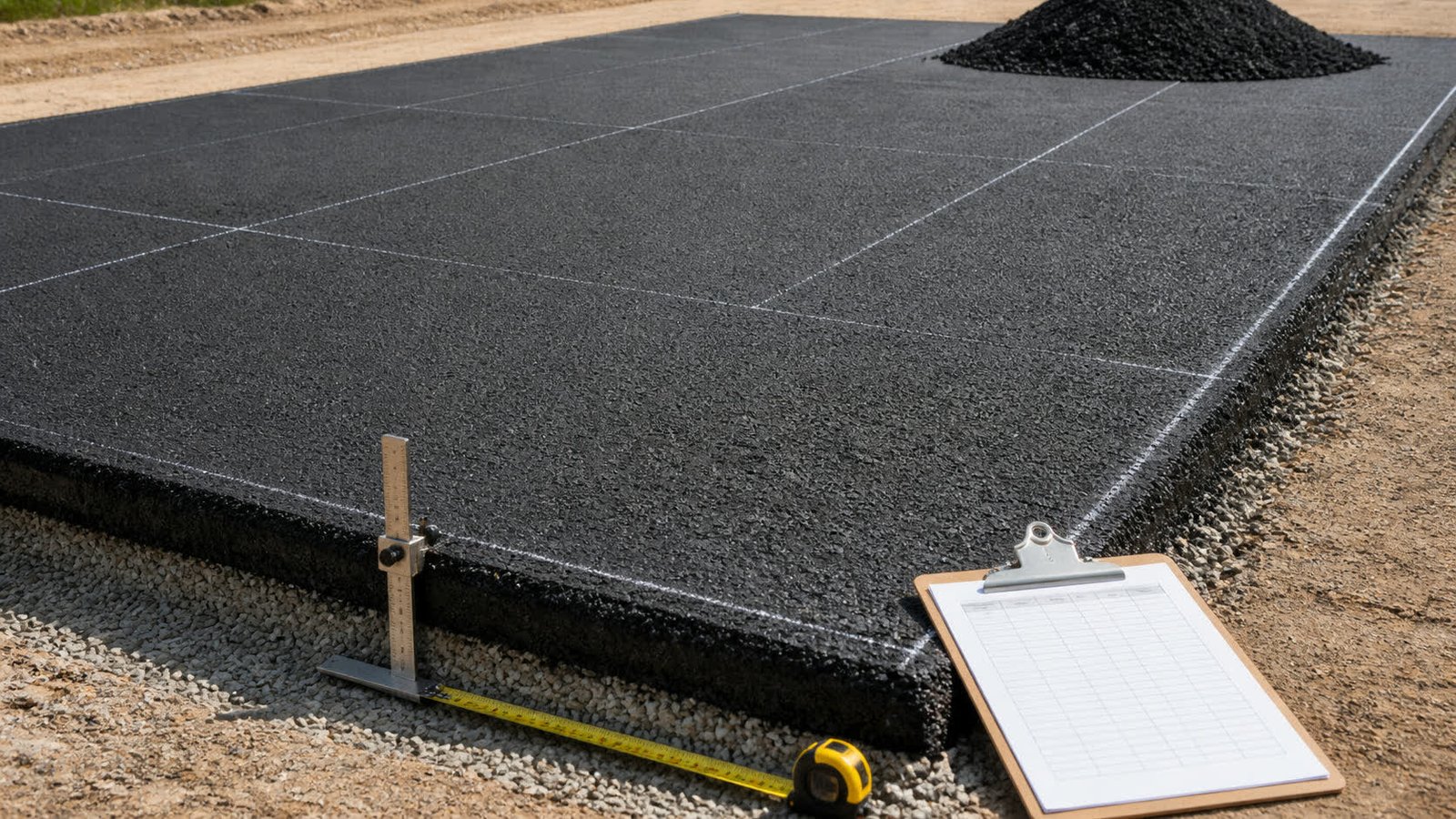 Marked asphalt coverage bays beside an exposed compacted lift, depth gauge, tape measure and blank delivery record.