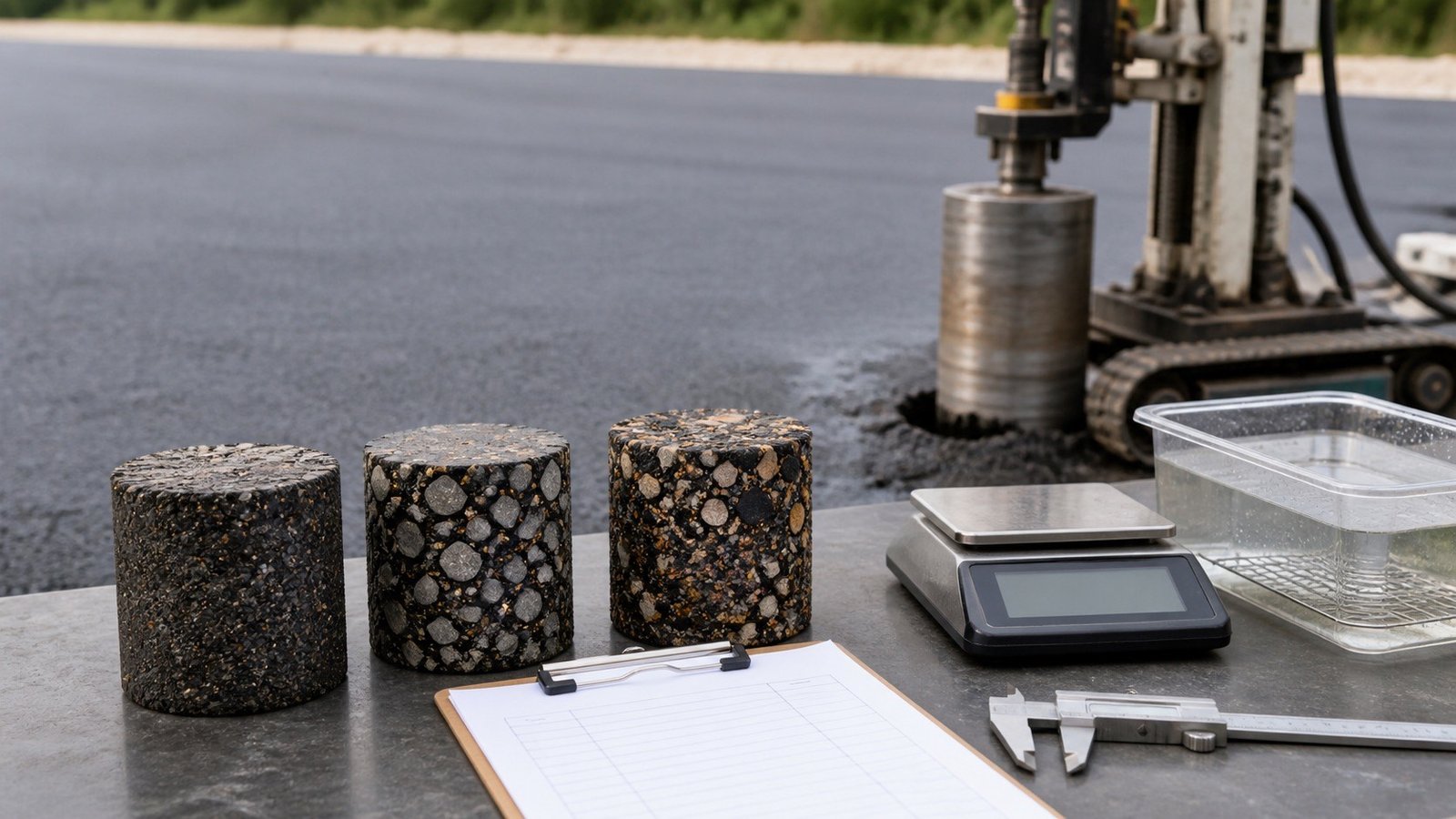 Three compacted asphalt core samples beside a scale, caliper, water bath and blank laboratory record sheet.