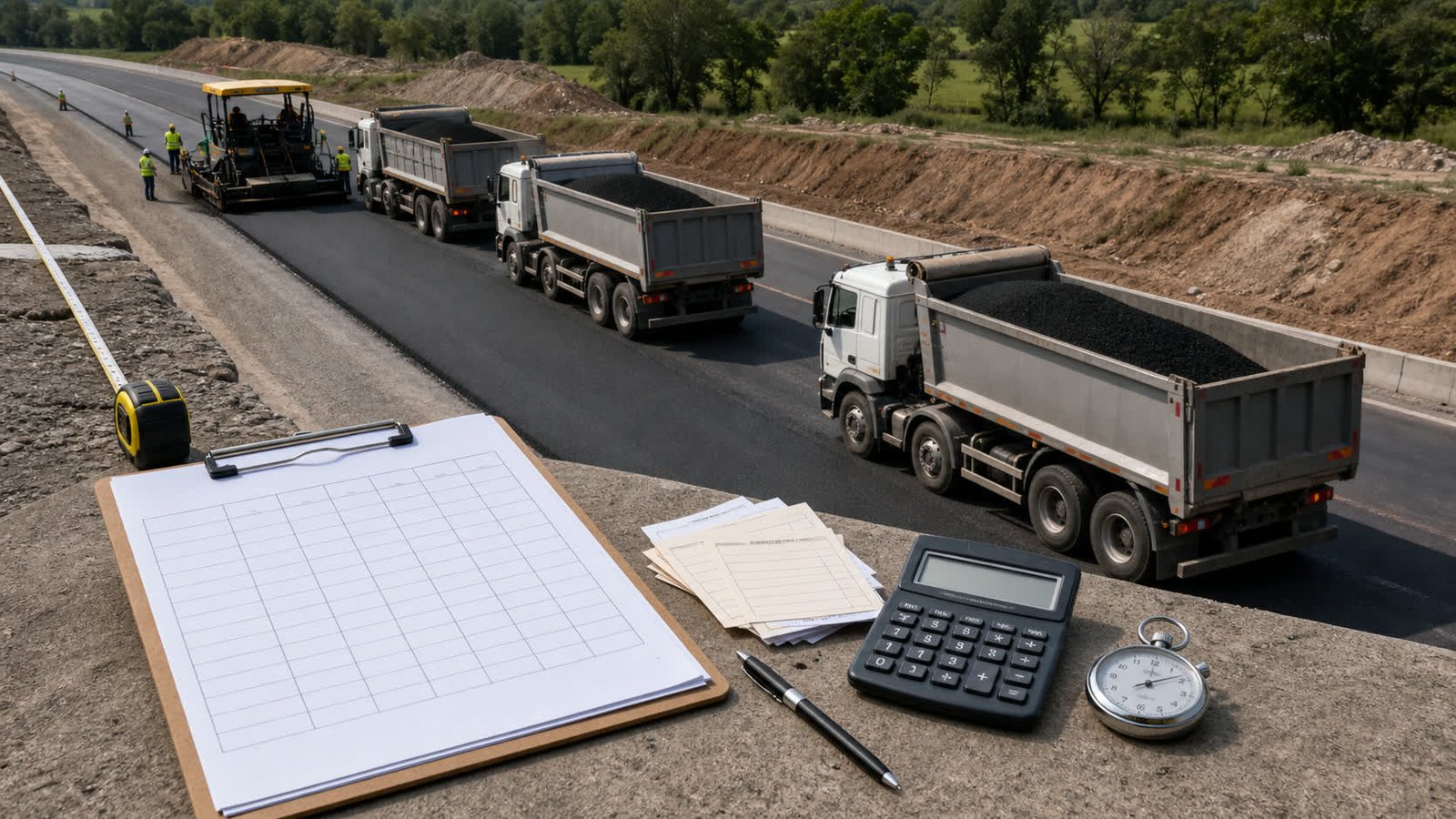 Asphalt paver and spaced delivery trucks beside a blank load schedule, tickets, calculator, tape and stopwatch.