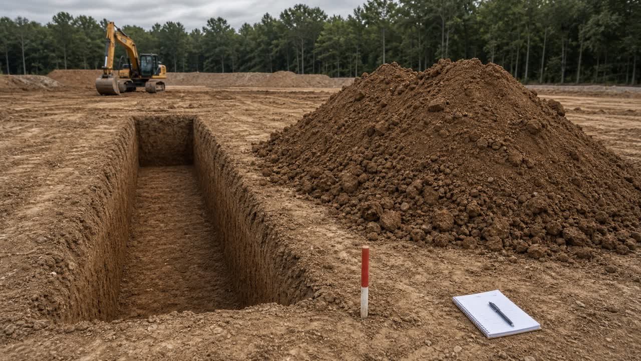 A clean trench excavation beside a larger loose soil stockpile, with an excavator and blank field notebook nearby.
