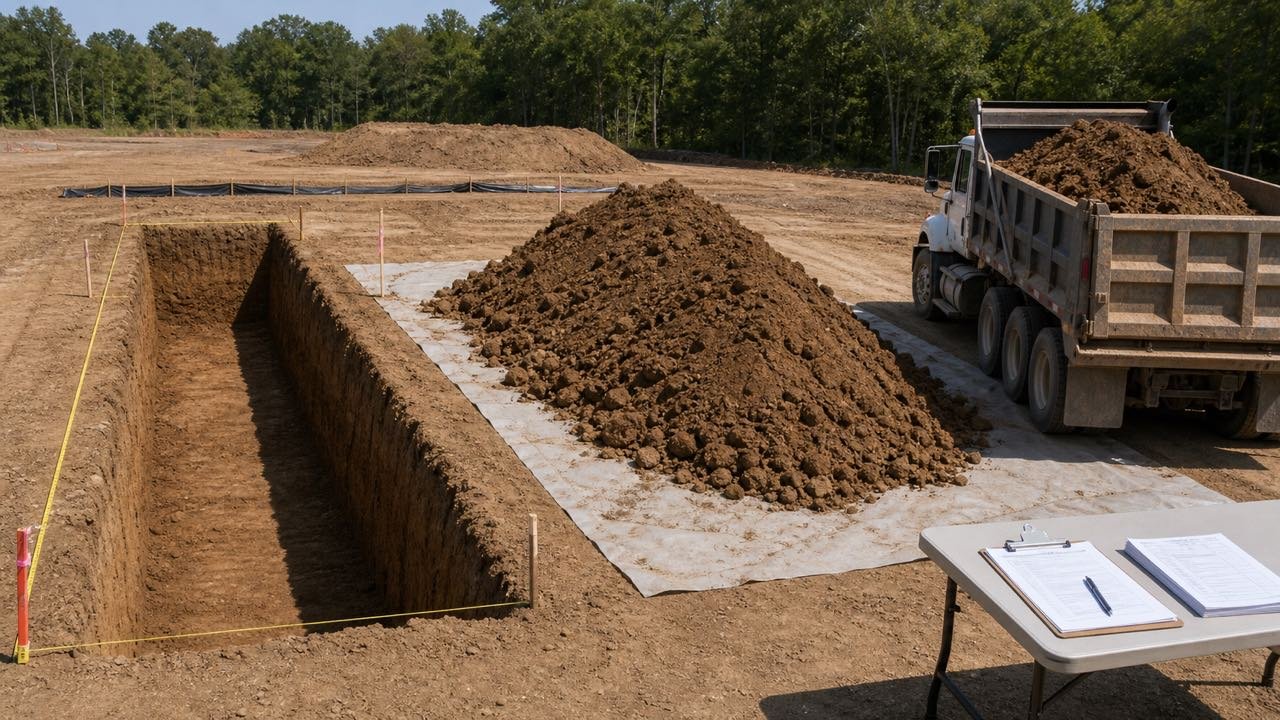 A measured excavation beside a loose soil stockpile, loaded dump truck, and quantity record table.