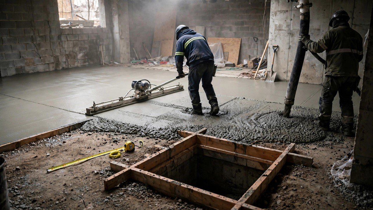 Two workers pour a basement slab inside concrete block foundation walls: one pulls a vibrating screed across fresh concrete while another guides a concrete pump hose; a wood-framed square sump pit opening and a yellow tape measure lie in the foreground.