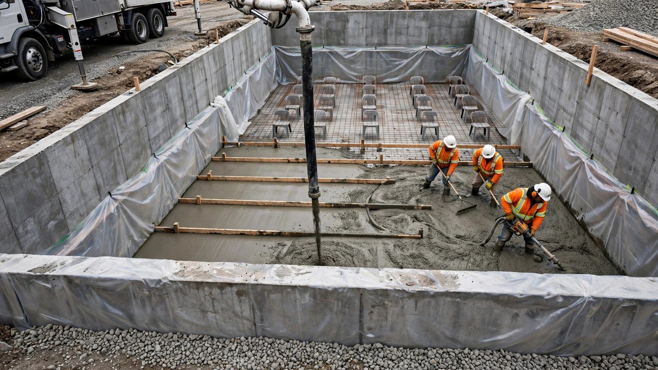 A concrete boom pump with its articulated arm over grey concrete foundation walls, placing wet concrete through a hanging hose into a rectangular basement slab, while three workers in orange high-visibility vests and white hard hats spread and vibrate the fresh concrete; welded-wire mesh on chairs sits ahead of the pour, a translucent vapor barrier lines the wall edges, and wooden screed guides cross the slab.