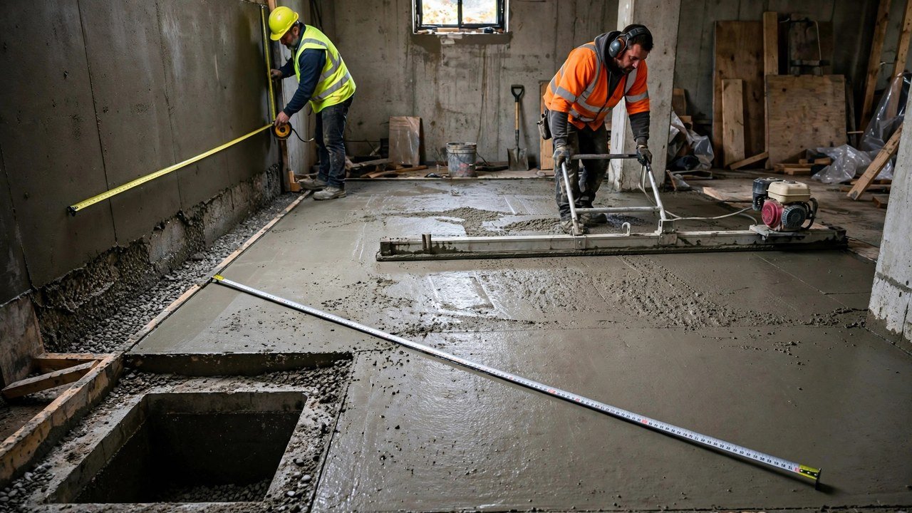 A construction worker measures the inside face of a basement foundation wall with a tape measure while another worker levels fresh concrete on the slab with a vibrating screed; a square sump pit opening and a measuring tape lie in the foreground.
