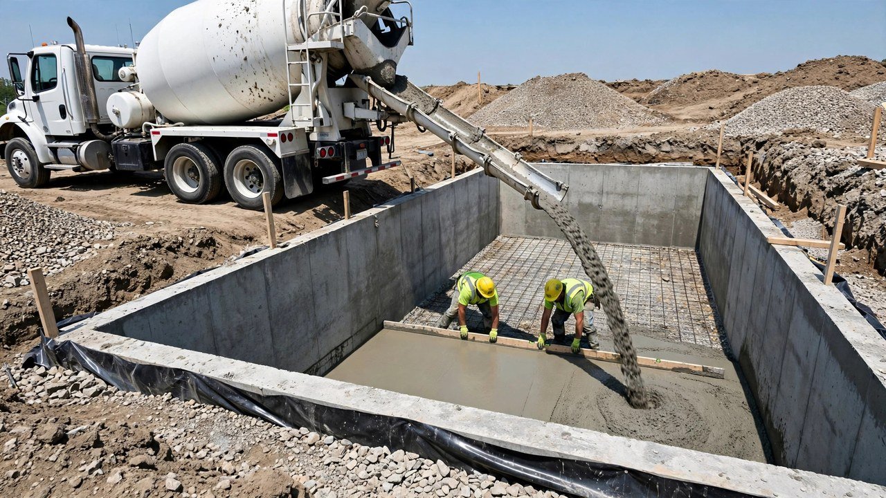 A ready-mix truck discharging concrete through its chute into a rectangular basement enclosed by concrete foundation walls, while two workers in high-visibility vests and yellow hard hats screed the fresh concrete over welded-wire mesh, with a vapor barrier visible along the wall edge.