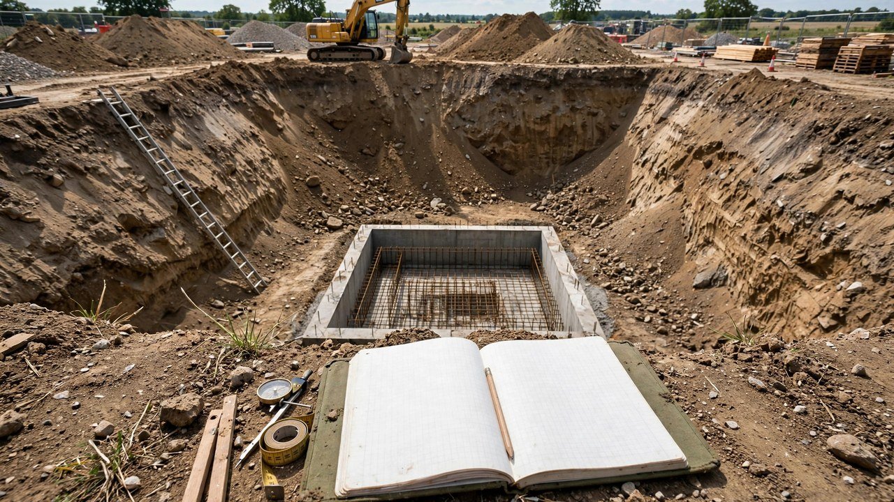 A wide basement excavation pit with sloped earthen sides, an excavator at the top, spoil piles set back from the pit edge, an access ladder on the pit wall, concrete foundation walls with a steel rebar cage at the pit bottom, and an open survey notebook with a tape measure in the foreground.
