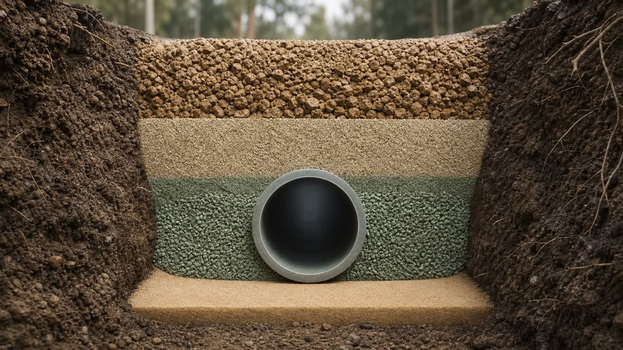 Example trench cross-section showing foundation, bedding, haunch, primary backfill, secondary initial backfill, pipe crown, springline, and final backfill.