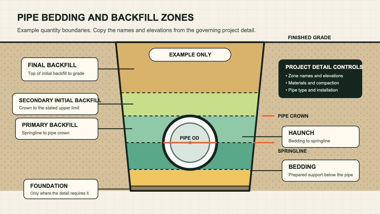 Example trench cross-section showing foundation, bedding, haunch, primary backfill, secondary initial backfill, pipe crown, springline, and final backfill.