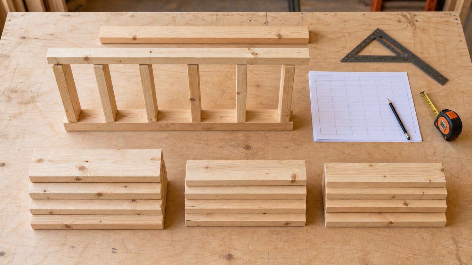 Small timber wall mock-up and three separate plate-lumber groups beside a blank takeoff sheet, tape measure and square.