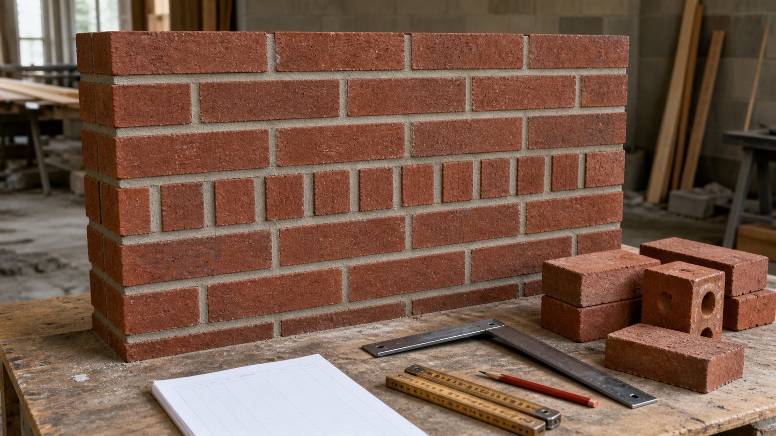 Brick wall sample with stretcher courses and one full header course beside loose bricks, a square, ruler and blank quantity ledger.