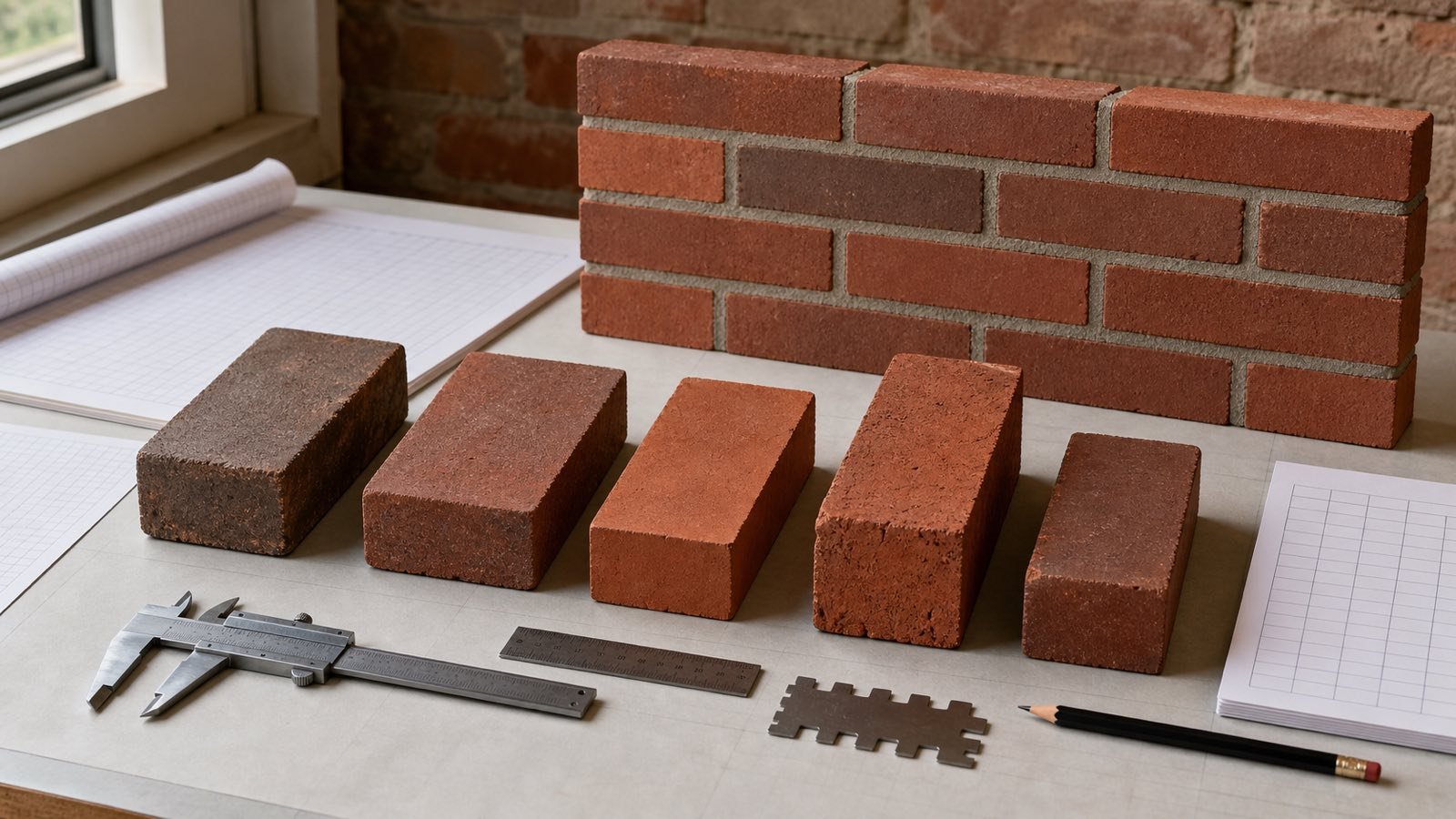 Clay bricks of different dimensions beside a caliper, ruler, joint gauge and small running-bond wall sample.