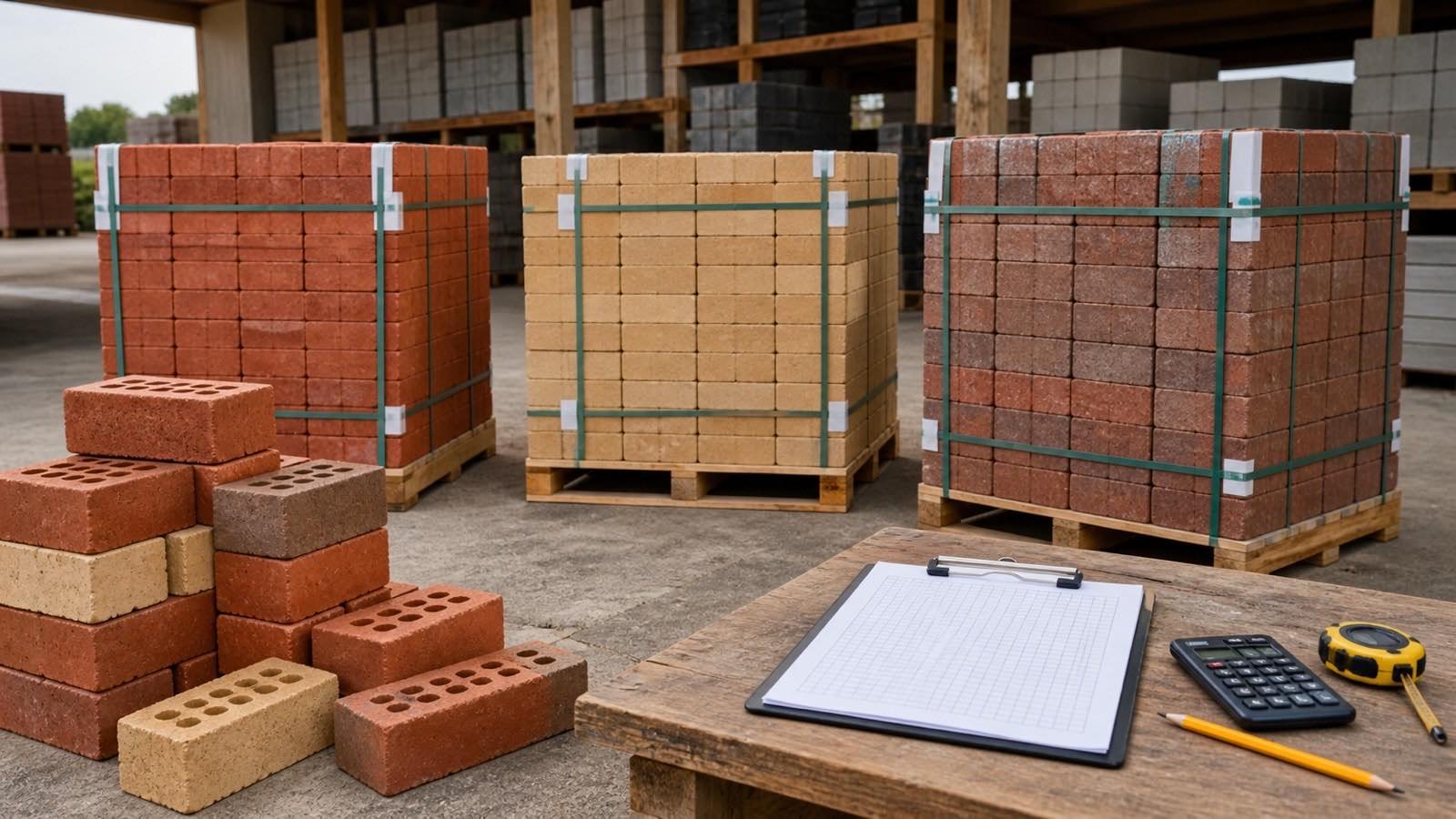Three strapped brick pallets in red and buff colors beside loose surplus bricks and a blank order ledger with a calculator and measuring tape.