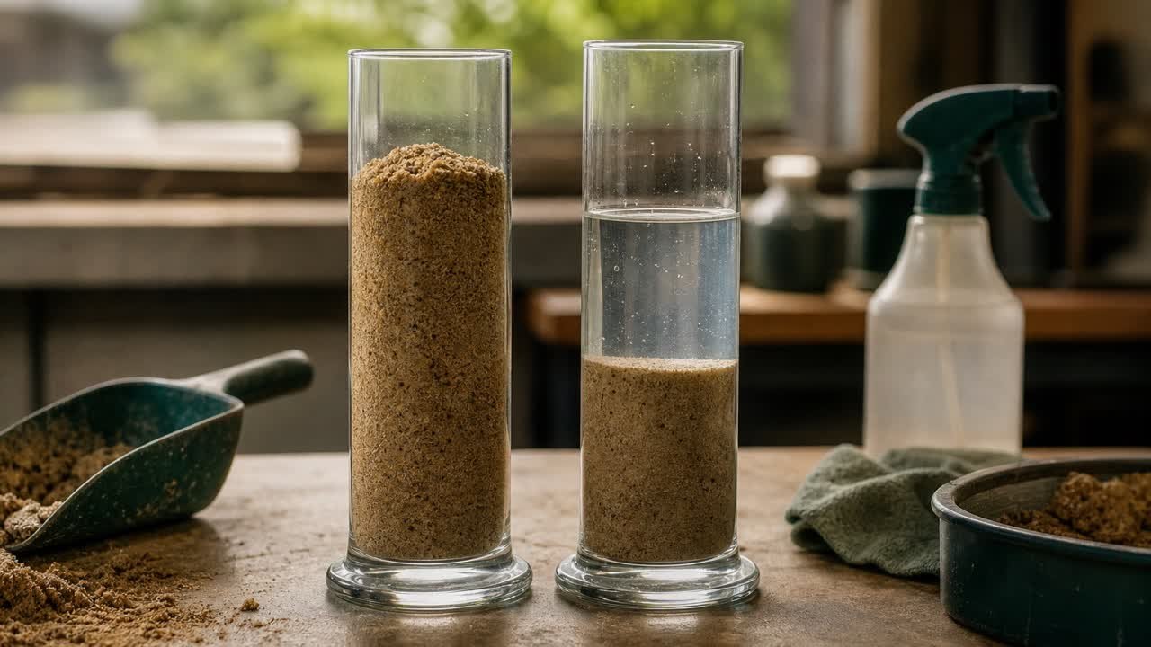 Sand bulking field test comparing a struck damp loose sample with the same sand after inundation in water.