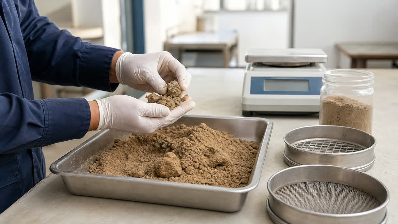 Laboratory technician inspecting brown clumps above a tray of fine aggregate beside test sieves and a balance.