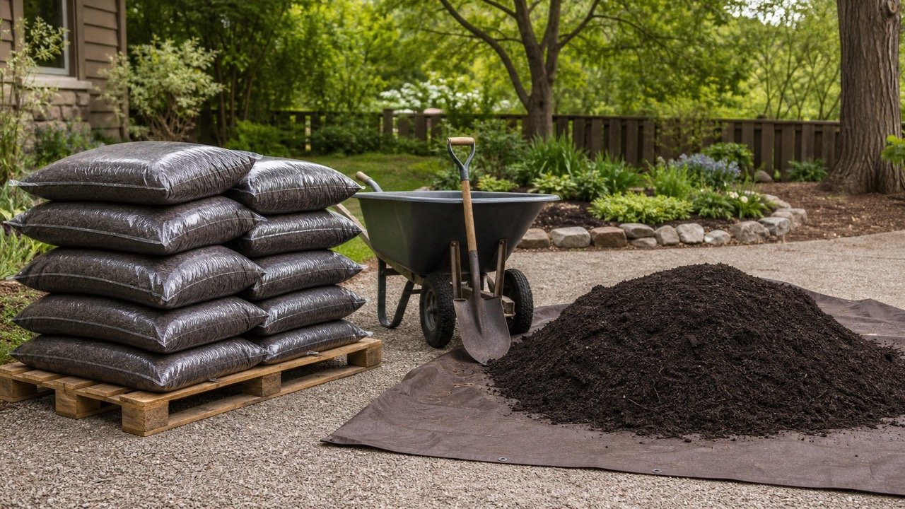 Plain compost bags and a loose pile of screened bulk compost arranged beside a wheelbarrow in a garden receiving area.