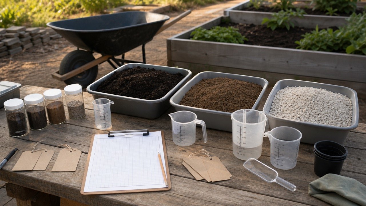 Separate compost, topsoil and mineral components beside measuring containers, sample jars and a blank batch worksheet at a garden workbench.