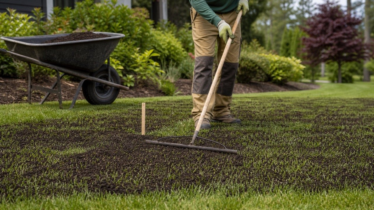 Landscaper spreading a thin layer of screened compost across an established lawn while grass blades remain visible.