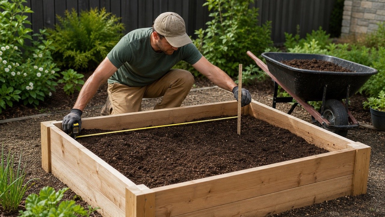 Landscape worker measuring the internal length and remaining fill depth of a timber raised garden bed.