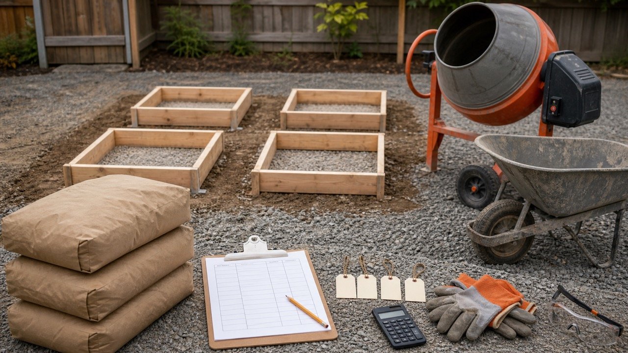 Four similar small concrete forms grouped near plain mix bags, a mixer, wheelbarrow, blank batch worksheet and zone tags.