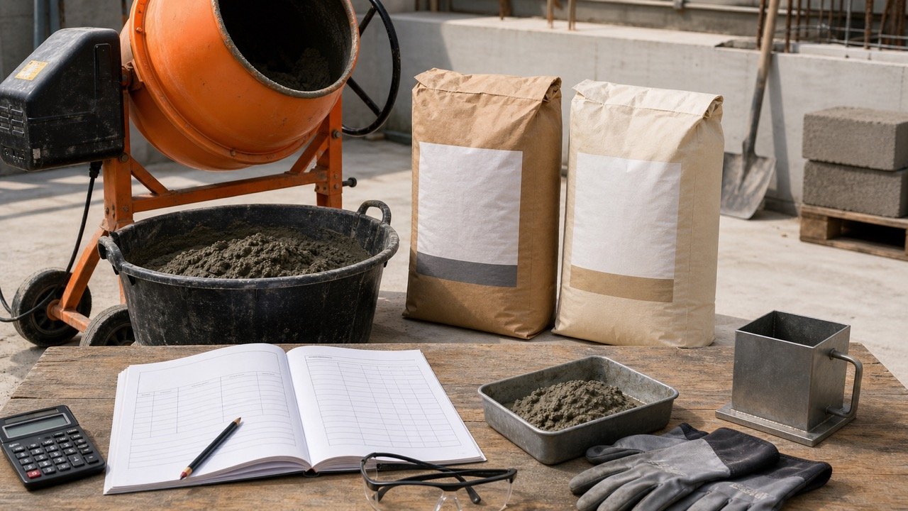 Two different unbranded concrete mix bags beside a mixer, technical worksheet, calculator, measuring box and mixed concrete sample.