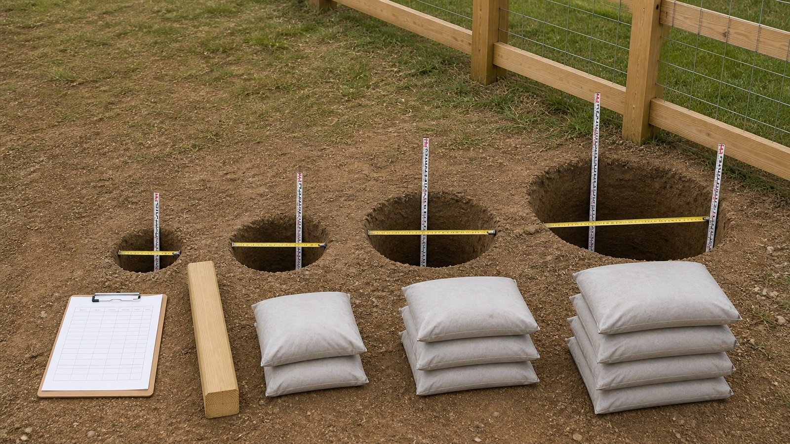 Four round post holes of increasing diameter with depth rods, tape measures, a square timber post, concrete bags and a blank quantity chart.