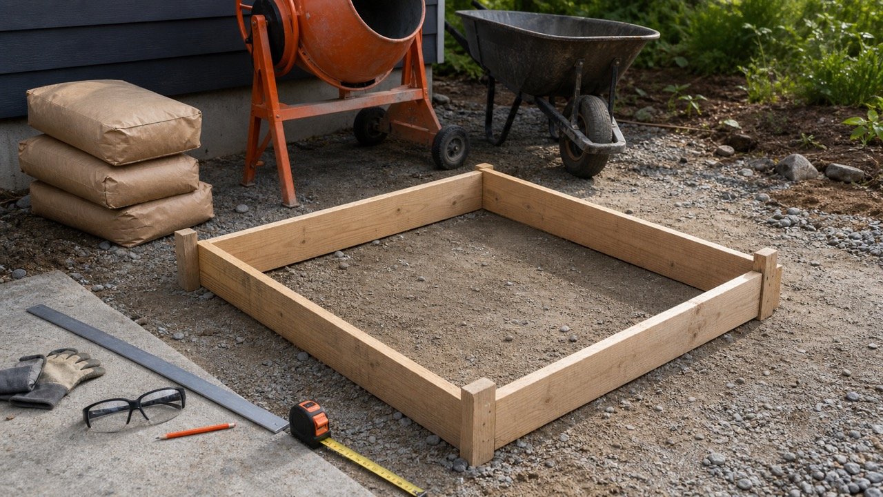 A compact empty rectangular concrete slab form beside plain mix bags, a portable mixer, wheelbarrow, straightedge and measuring tools.