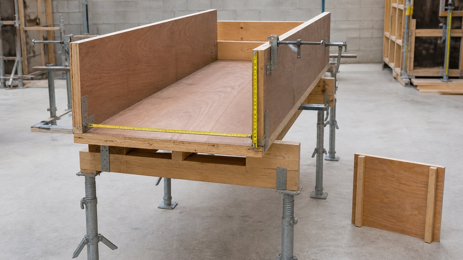 Supported plywood beam formwork with one soffit panel, two side panels, tape measures, clamps, and a separate end bulkhead.