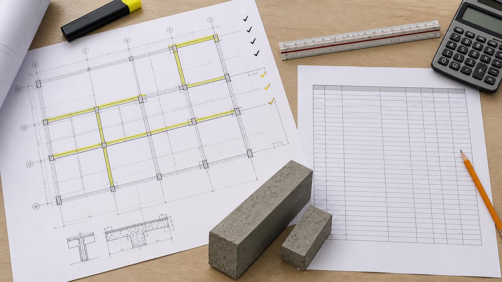 Estimator checks highlighted concrete beams on a structural framing plan beside a blank quantity schedule, scale ruler, calculator, and beam models.