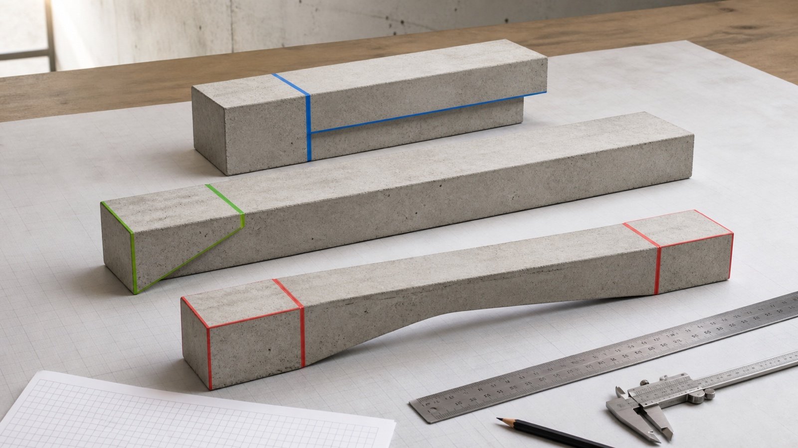 Three concrete beam study models show a stepped depth, a triangular haunch and a tapered section beside measuring tools.
