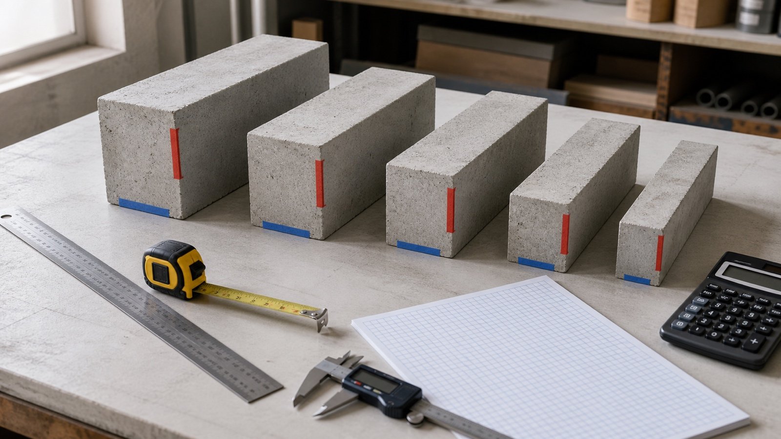 Five rectangular concrete beam section models of different widths and depths arranged beside rulers, calipers and a blank quantity sheet.