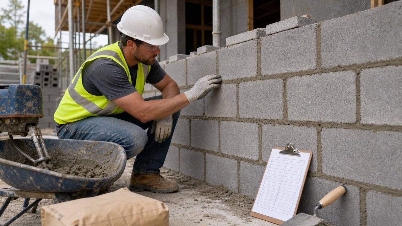 Mason checks mortar joints in a concrete block wall beside a mixer, trowel and blank material tally sheet.