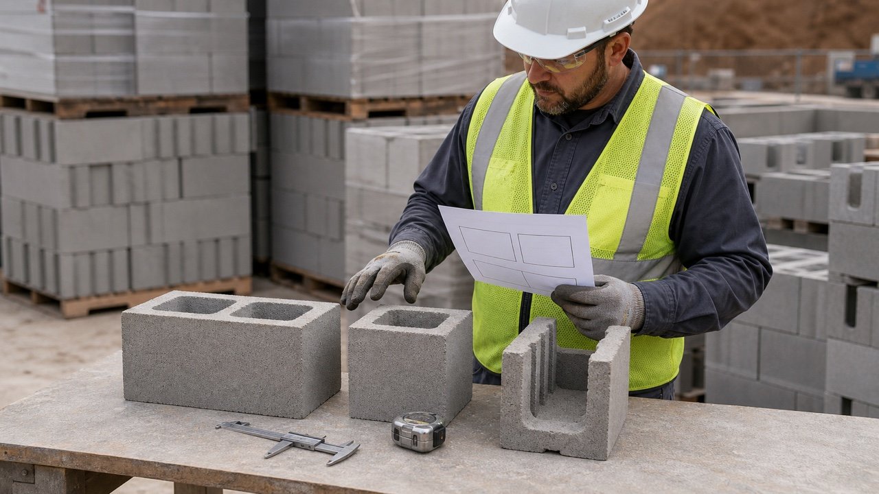 Masonry estimator compares full, half-length and bond-beam concrete masonry units at a supplier yard.