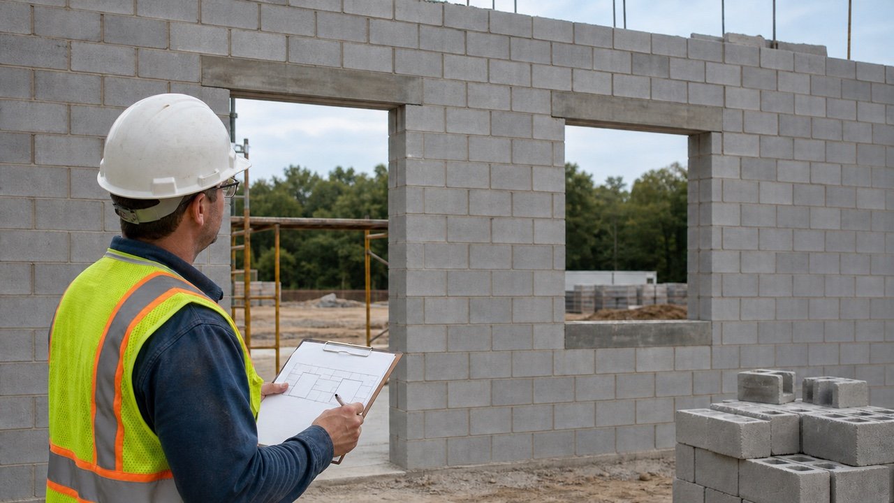 Masonry foreman checks a concrete block wall elevation with one door opening and one window opening.