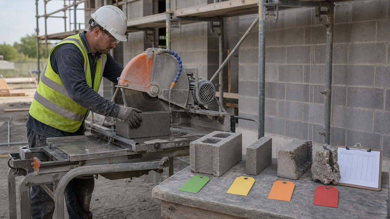 Masonry worker uses a wet saw beside sorted full blocks, a planned cut, a reusable offcut and a damaged reject.