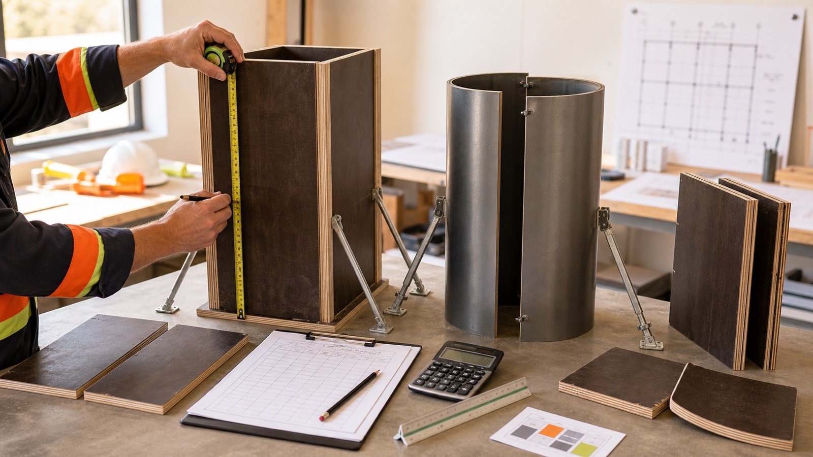 Estimator measures a rectangular column form beside a round steel form, loose panel faces, a worksheet, scale ruler, and calculator.