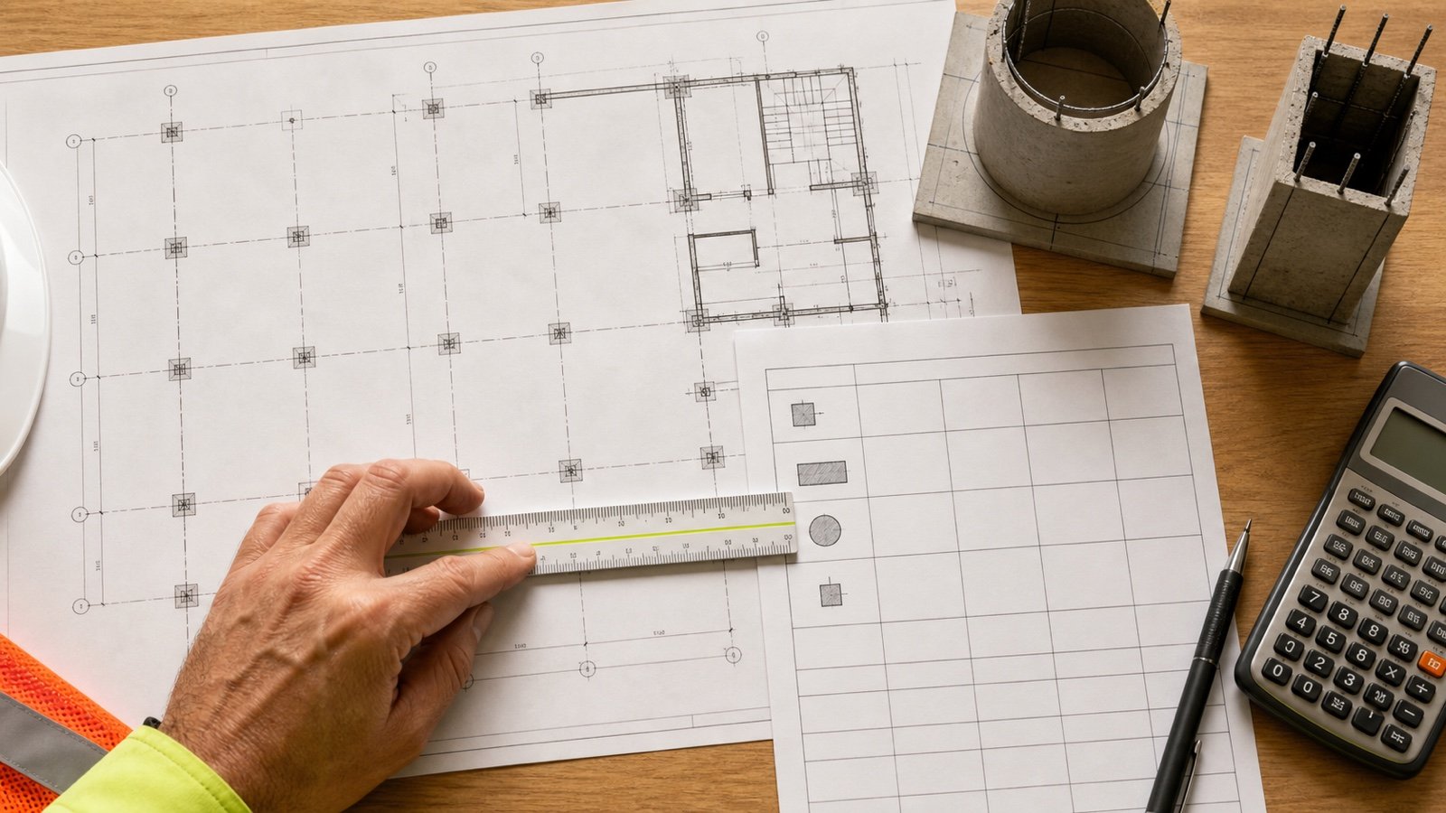 Estimator checks a structural column plan against a blank quantity schedule with a scale ruler, calculator, and round and rectangular column models.