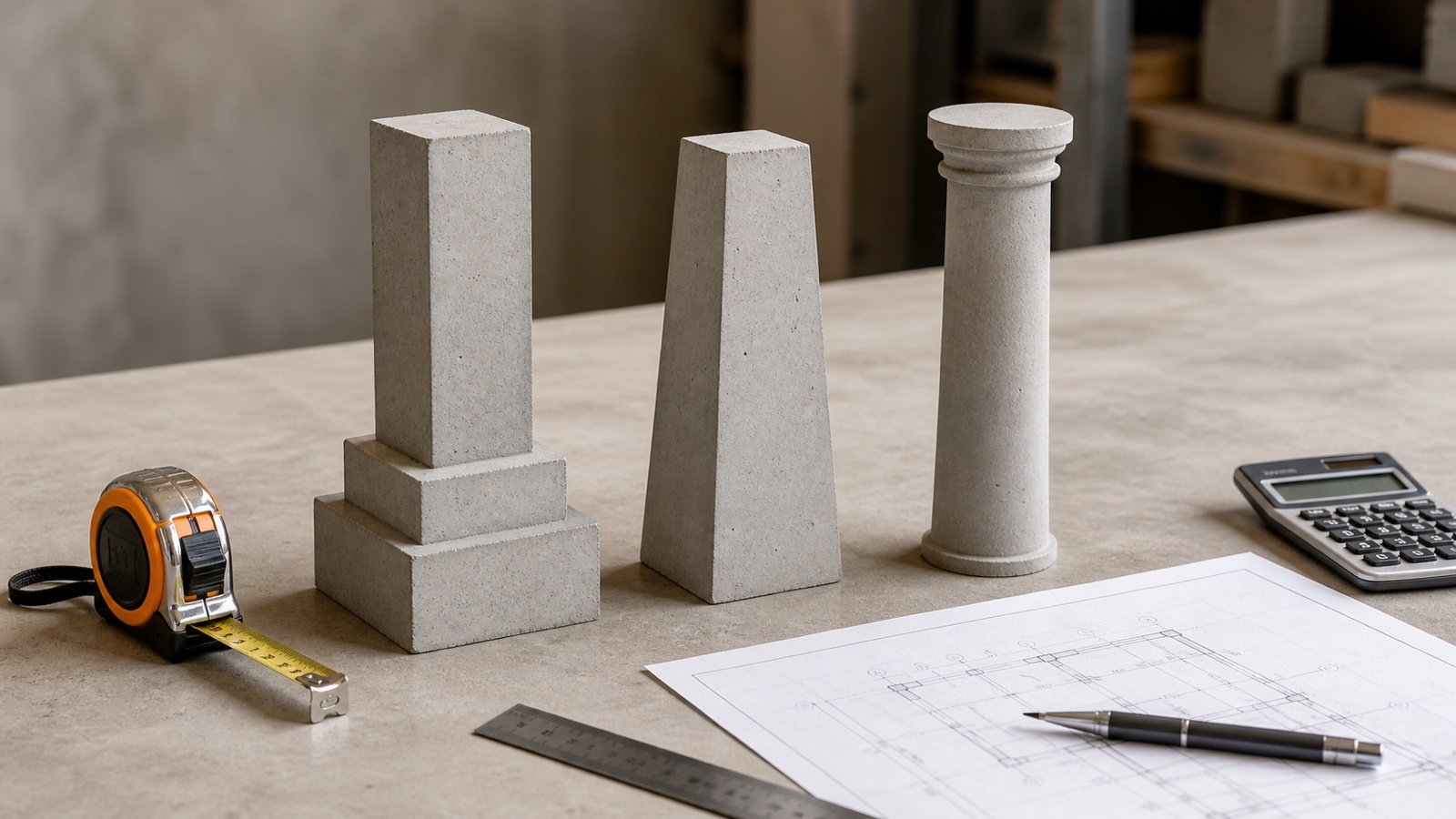 Concrete study models show a stepped pedestal, a rectangular tapered shaft, and a round shaft with a capital beside measuring tools.