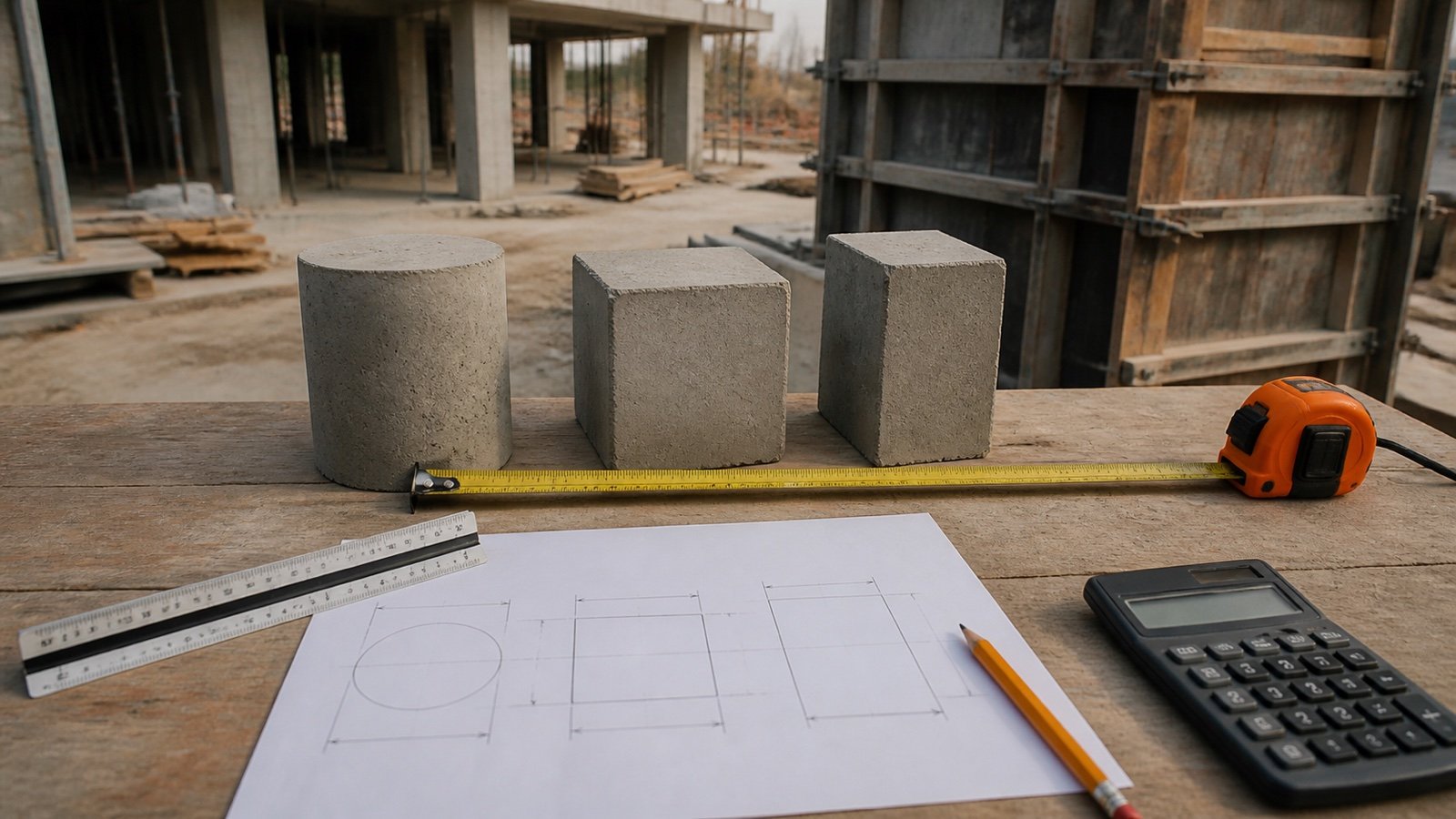 Round, square, and rectangular concrete column study models stand beside a tape measure, scale ruler, drawing, and calculator.