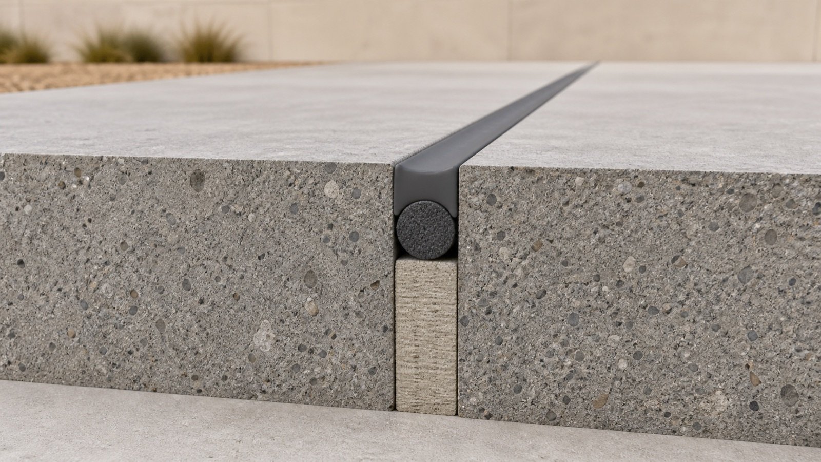 Cutaway of two concrete slabs with full-depth joint filler, round backer rod and a recessed sealant bead.