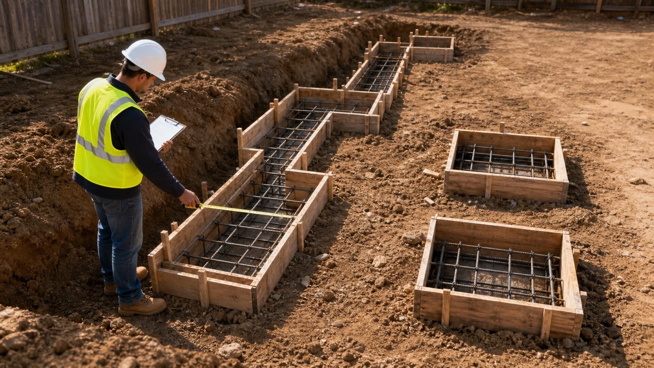 Estimator measures timber formwork for a stepped strip footing beside two square pad footings.