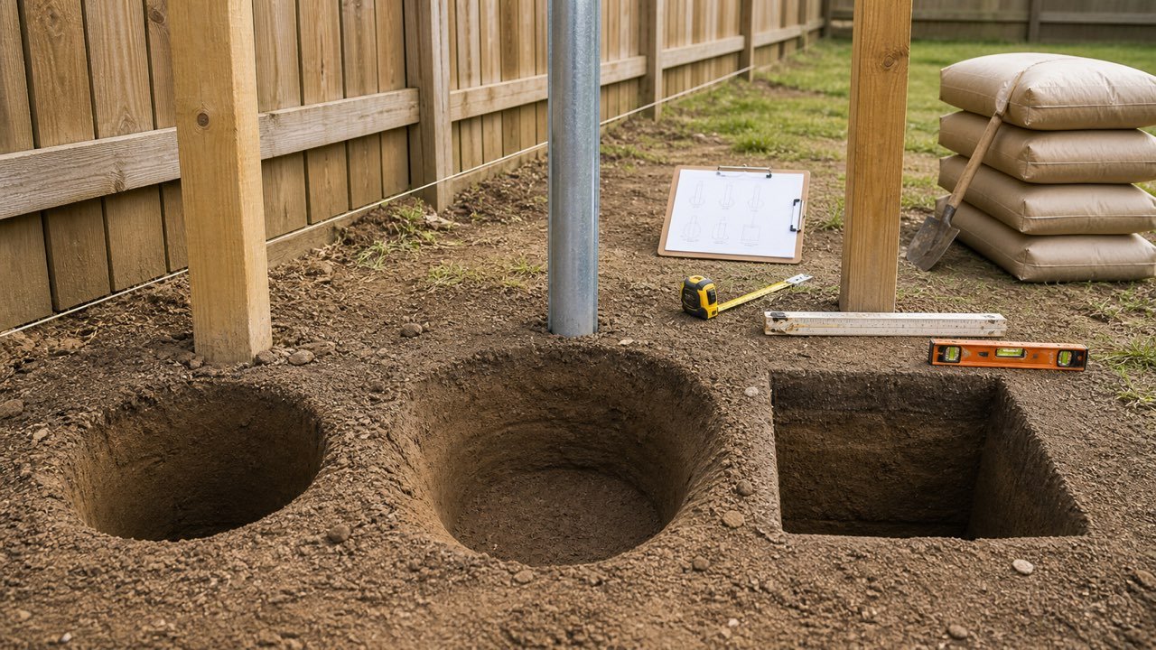 Round, widened round and square post holes beside timber and steel posts with measuring tools.