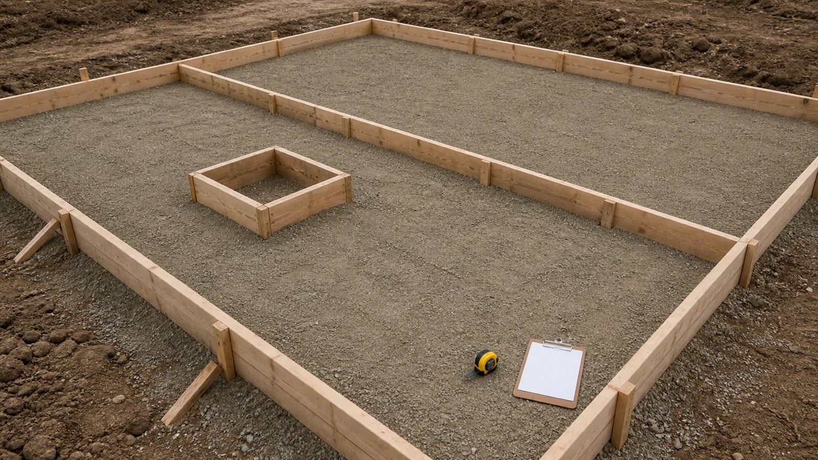 Dry slab-on-ground formwork with timber perimeter boards, an internal rectangular blockout, a straight pour stop end, a tape measure and a blank clipboard.