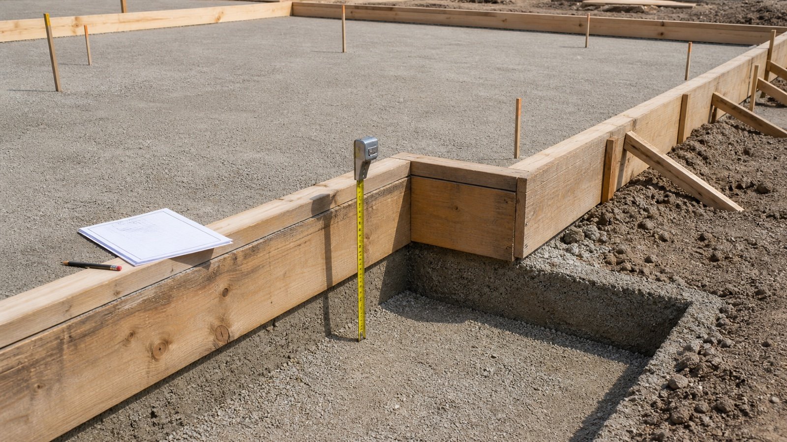Unfinished slab form over a compacted base with a vertical depth gauge, grade pins, a deeper perimeter section and a blank takeoff sheet.