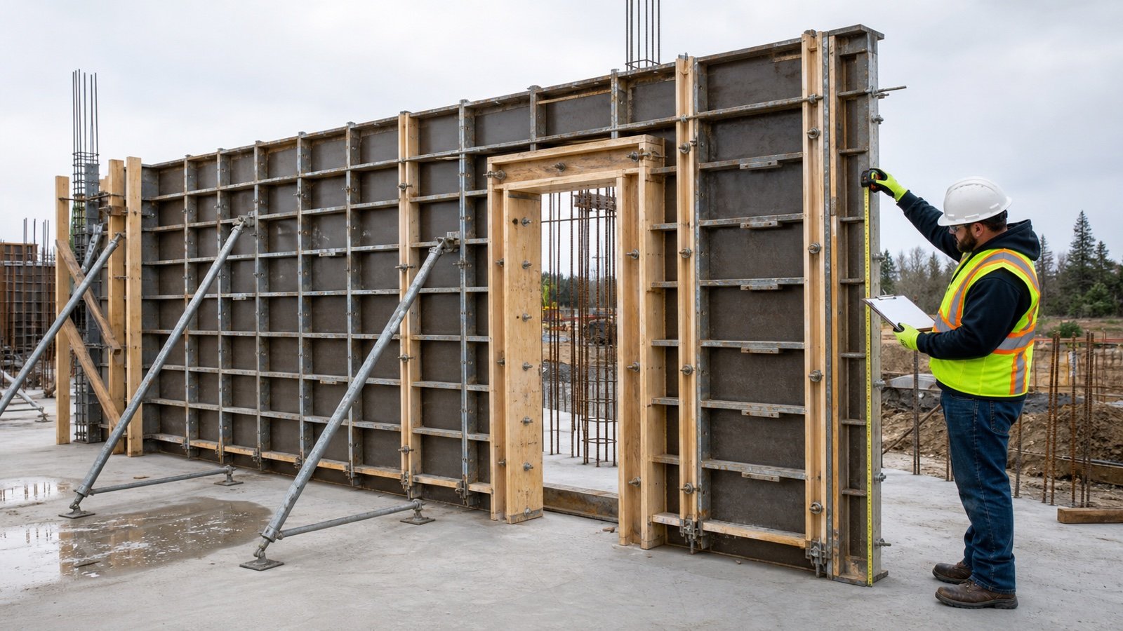 Estimator measures a braced concrete wall form with a formed doorway and visible stop end.