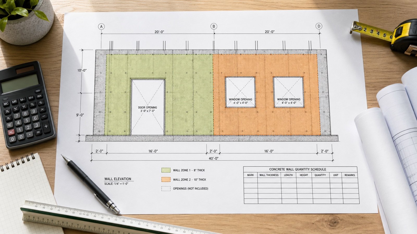 Estimator desk with a concrete wall elevation divided into two measured zones, a door opening, two window openings, and a blank quantity schedule.