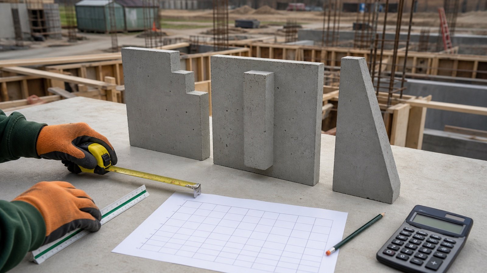 Three concrete wall study models show a stepped top, projecting pilaster, and tapered cross-section beside measuring tools.