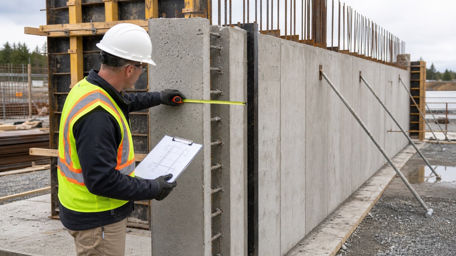 Estimator checks a concrete wall end with a tape measure and structural wall section on a clipboard.