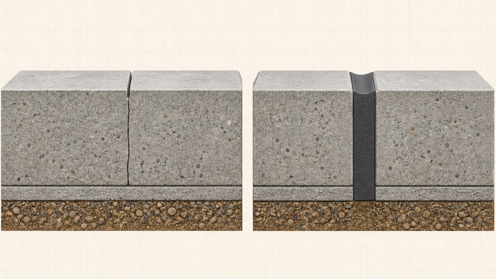 Cutaway comparison of a partial-depth groove with a crack below it and a full-depth filled separation between concrete slabs.