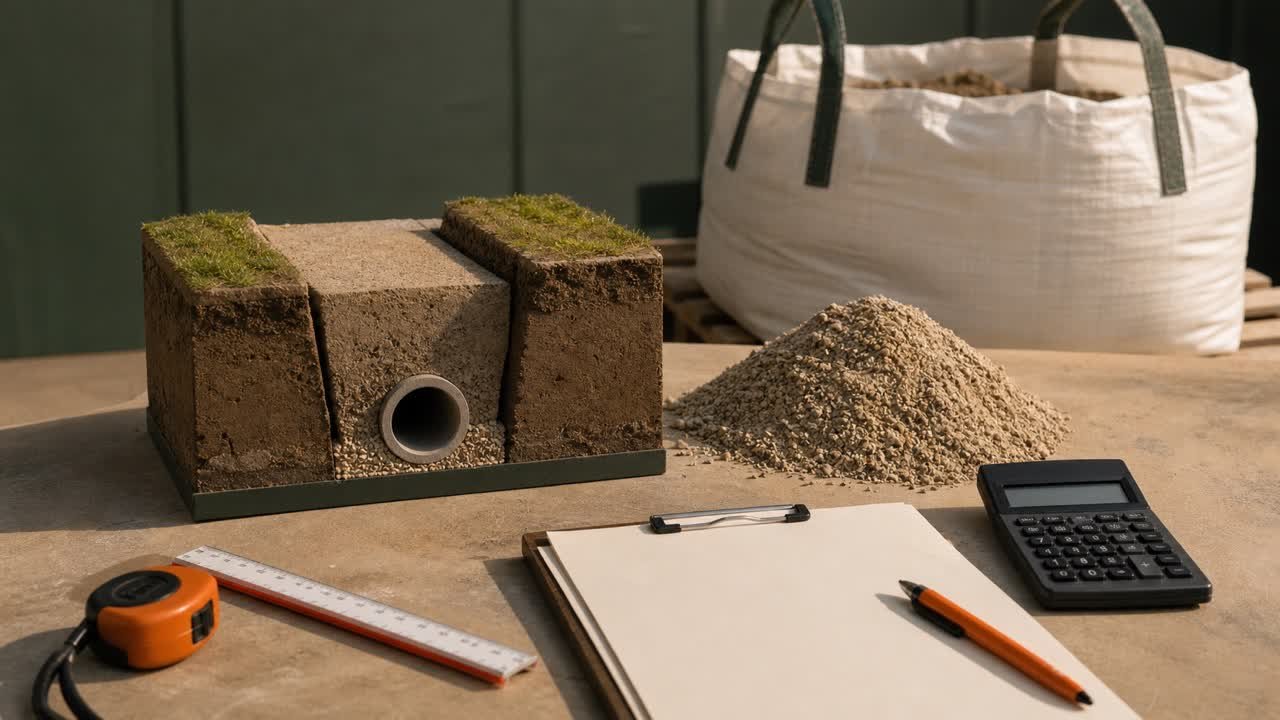 A trench cross-section model beside backfill aggregate, a bulk bag, calculator, ruler, and blank order sheet.